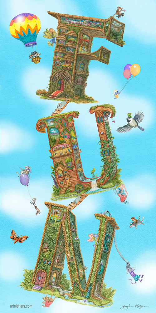 Highly detailed, colorful illustration of the capital letters FUN in a 9"x 18" art print, with animals dancing, playing music, a chipmunk flying on a squirrel, mice in a hot air balloon, all floating in a blue sky background with fluffy white clouds