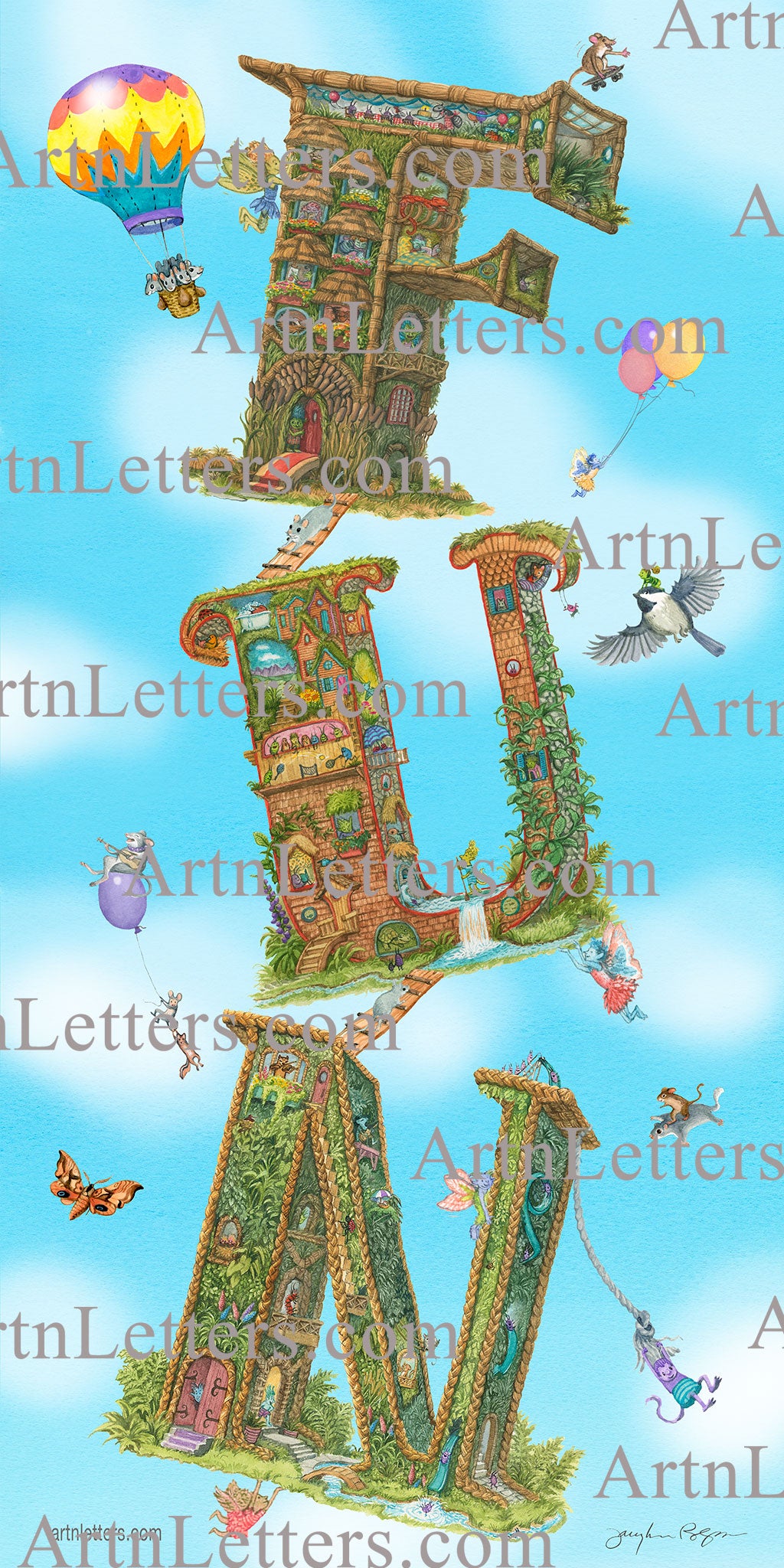 Highly detailed, colorful illustration of the capital letters FUN in a 9"x 18" art print, with animals dancing, playing music, a chipmunk flying on a squirrel, mice in a hot air balloon, all floating in a blue sky background with fluffy white clouds