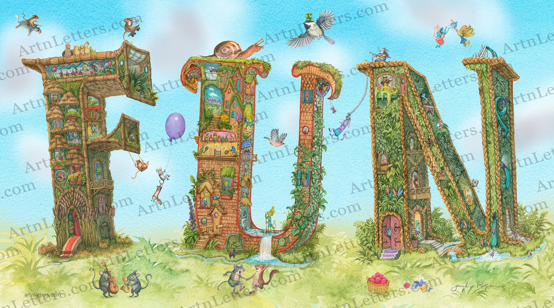 Highly detailed, colorful illustration of the capital letters FUN, in a 18"x 10" art print, animals dancing, playing music, fairies play catch with a bug, a chipmunk flying on a squirrel, mice in a hot air balloon