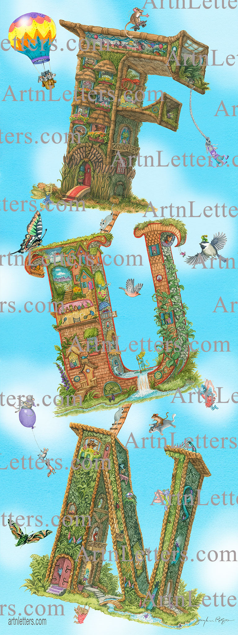 Highly detailed, colorful illustration of the capital letters FUN in a 9"x 24" art print, with animals dancing, playing music, a chipmunk flying on a squirrel, mice in a hot air balloon,all floating in a blue sky background with fluffy white clouds