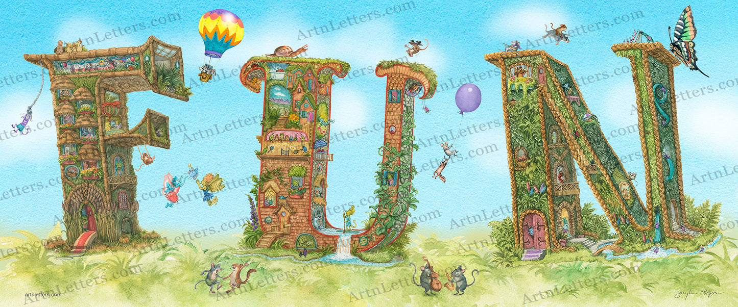 Highly detailed, colorful illustration of the capital letters FUN in a 24"x 10" art print, with animals dancing, playing music, fairies play catch with a bug, a chipmunk flying on a squirrel, mice in a hot air balloon