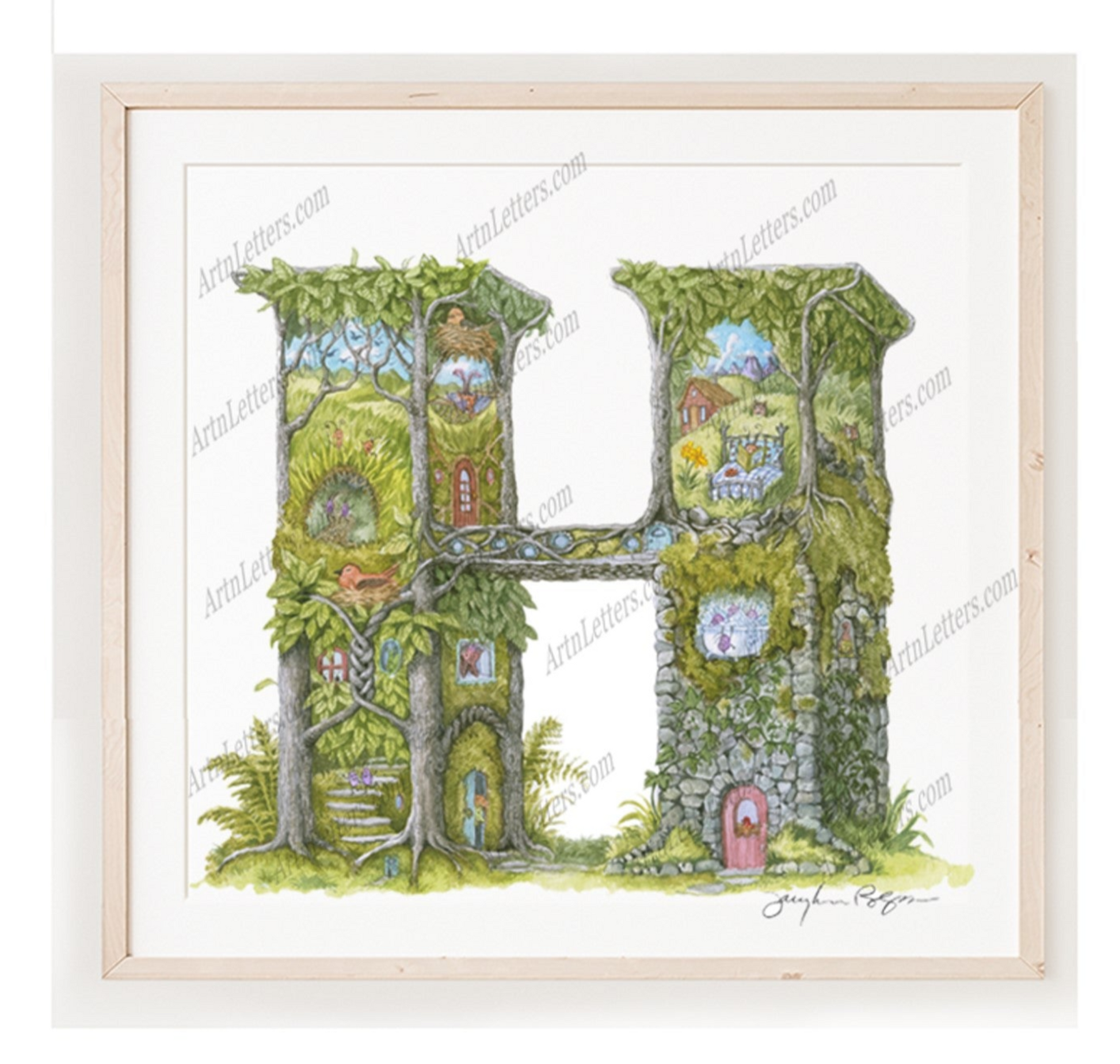 Image of highly detailed illustrated capital H, on white background, framed in light wood frame