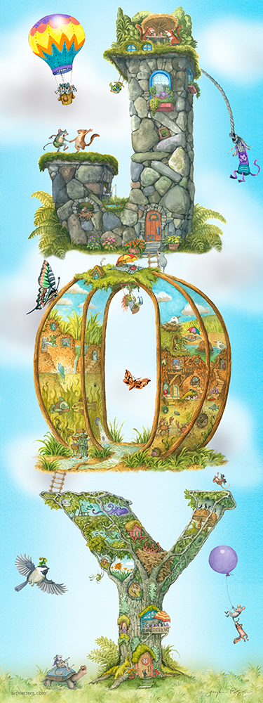 Capital Letters spell JOY in a 9" x 24" colorful art print with grass, blue sky, dancing, singing animals, fairies, mice in hot air balloon, an imp riding on a chickadee, a mouse playing guitar rides a turtle