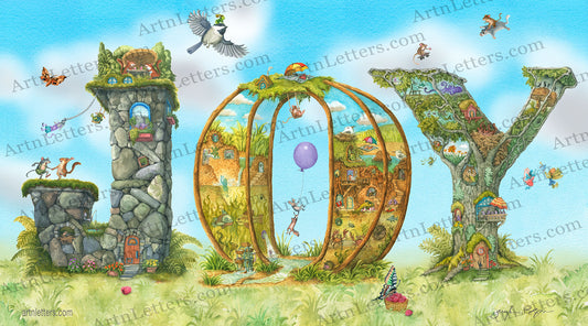 Capital Letters spell JOY in a 18" x 10" colorful art print with grass, blue sky dancing, singing animals, fairies, mice in hot air balloon, a moth feasting on a basket of berries, a skateboarding mouse, fairies playing catch with a bug