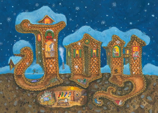 A 7 x 5 inch Christmas card. Jacqueline Rogers' acrylic painting of highly detailed whimsically illustrated letters spelling Joy. The letters are inhabited by a mouse family snuggled in, awaiting Christmas on a snowy night.