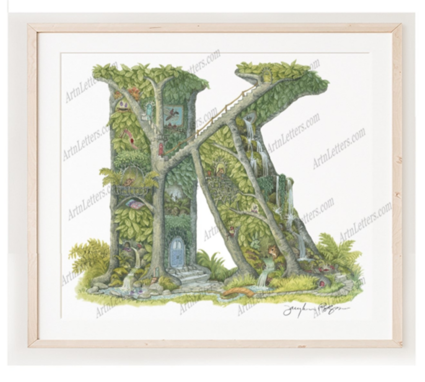 Image of highly detailed illustrated capital K, on white background, framed in light wood frame