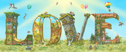 A 24x10 inch print in all highly detailed captital letters spelling LOVE, with animals, fairies and imps, playing music, flying and playing, on a green grassy base, with a blue sky and sunburst background