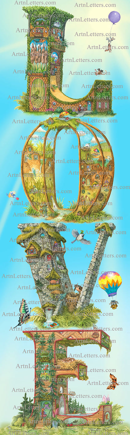 A 9x30 inch print in vertical orientation, all highly detailed captital letters spelling LOVE, with a animals, fairies and imps flying and playing, colorful moths flying, mice riding in a hot air balloon, critters aloft on a purple balloon, on a green grassy base, with a blue sky and sunburst background