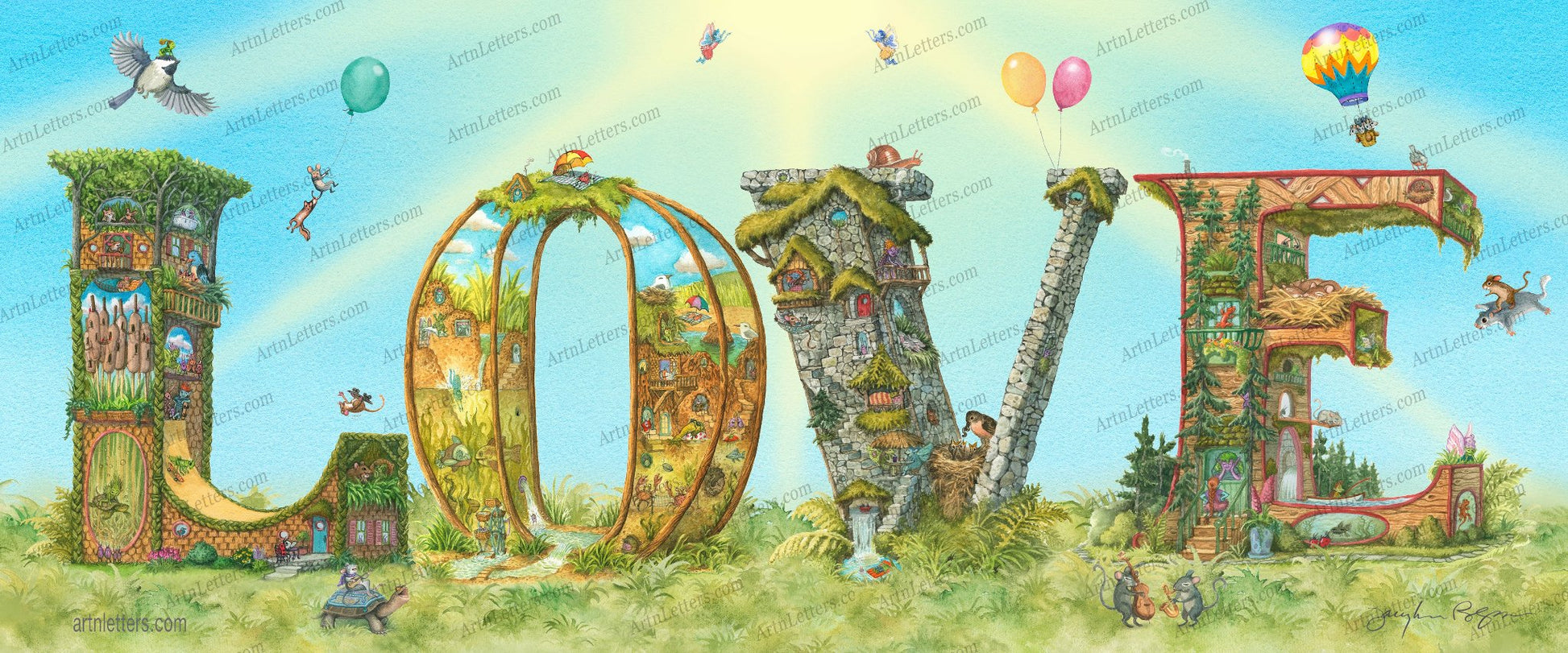 A 24x10 inch print in all highly detailed captital letters spelling LOVE, with animals, fairies and imps, playing music, flying and playing, on a green grassy base, with a blue sky and sunburst background