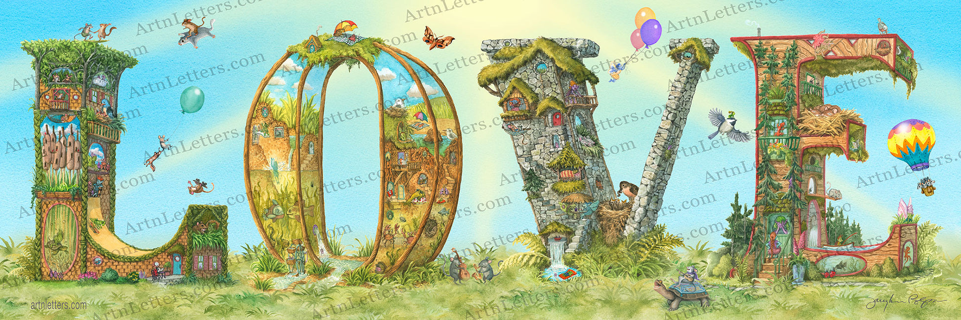 A 30x10 inch print in all highly detailed captital letters spelling LOVE, with animals, fairies and imps, playing music, flying and playing, mice riding in a hot air balloon, a mouse playing guitar riding on a turtle, on a green grassy base, with a blue sky and sunburst background