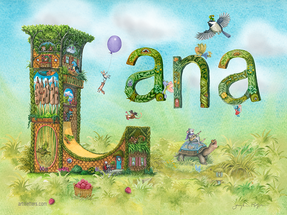 A 10x8 inch print of the name Lana, with a highly detailed capital L, inhabited by an aquarium, skate park, birds, and animals, followed by lower case letters, a,n,a, each unique, with detailed floral patterns, some held aloft by fairies. A mouse playing guitar rides a turtle & more, on a grassy field with a beautifully painted blue sky background, with fluffy white clouds.