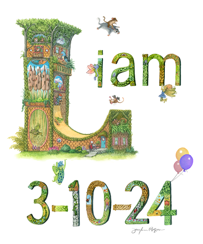 An 11x14 inch print of the name Liam, with a highly detailed capital L, inhabited by an aquarium, skate park, birds and animals, followed by lower case letters, i,a,m, each unique, with detailed floral patterns, some held aloft by fairies, with the date of birth 3-10-24 beneath, on a white background.