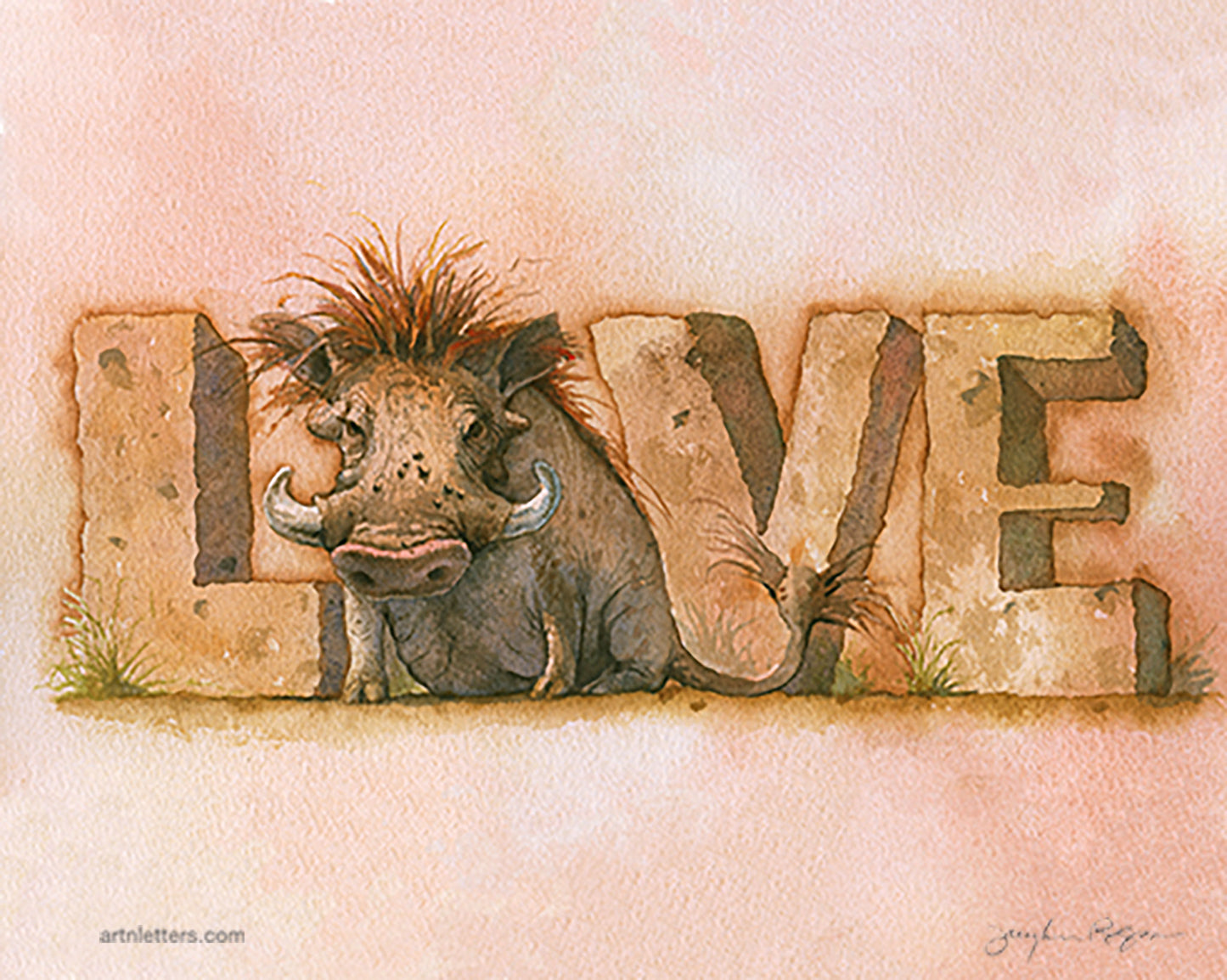A humorous painting of the word “Love” in block letters resembling stone.  The o is a handsome warthog, who steals the show with an expression of self-satisfaction. Monochromatic colors in the desert range of sunbaked tan.