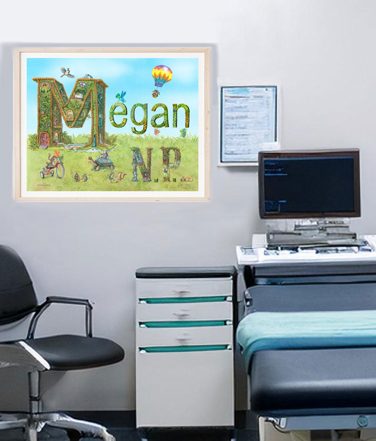 18x14 inch print of Megan NP with colorful illustrated letters in a whimsical setting. For Nurse Practitioners