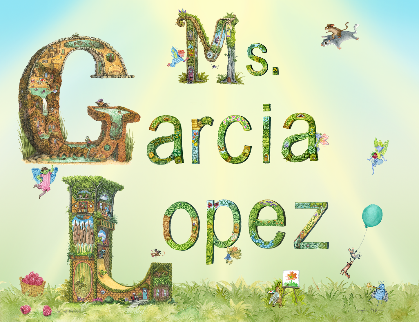 26x20" print of Ms. Garica Lopez, highly detailed caps G & L, detailed M, intricately illustrated lower case letters, animals, fairies & imps, fly, pain & have fun, a fairy juggles a berry, a green grassy base, sunburst green background.