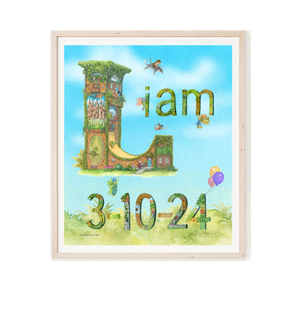 An 11x14 inch print of the name Liam, with a highly detailed capital L, inhabited by an aquarium, skate park, birds and animals, followed by lower case letters, i,a,m, each unique, with detailed floral patterns, some held aloft by fairies, with the date of birth 3-10-24 beneath, on a green grassy field, with a beautifully painted blue sky background with white fluffy clouds.