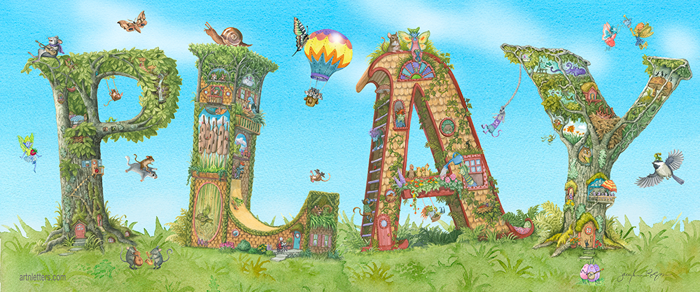 Highly detailed, colorful illustration of the capital letters PLAY, in a 24x10 inch print, on a green grassy base and blue sky background with white fluffy clouds, includes an imaginative world of fairies, animals and imps drawing, painting, skateboarding, playing musical instruments and flying in celebration of fun and adventure