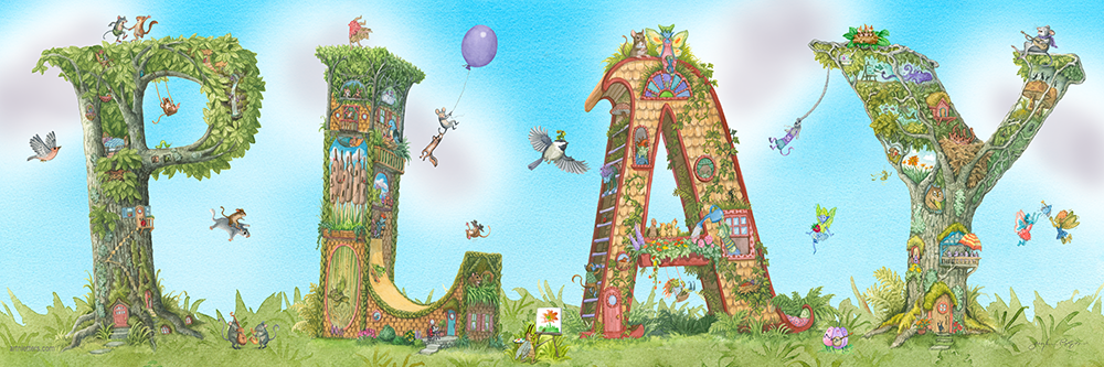 Highly detailed, colorful illustration of the capital letters PLAY, in a 30x10 print, on a green grassy base, blue sky background, with white fluffy clouds, with animals dancing, playing music, fairies playing catch with a bug, a chipmunk flying on a squirrel, a guitar playing mouse, a bee painting a picture of a flower.