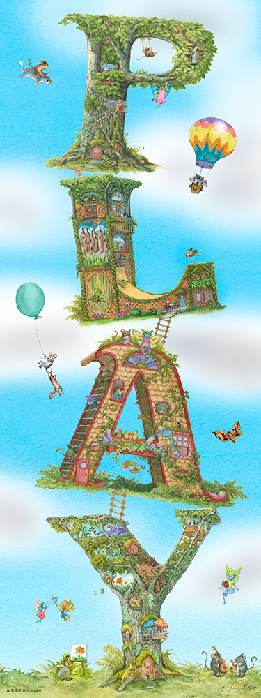 Highly detailed, colorful illustration of the capital letters PLAY, in a vertical oriented 9x24 inch print, on a grassy base and blue sky background with white fluffy clouds, animals dancing, playing music, fairies playing catch with a bug, a chipmunk on a flying squirrel, critters aloft on a green balloon, a fairy aloft, juggling a raspberry like a soccer ball.