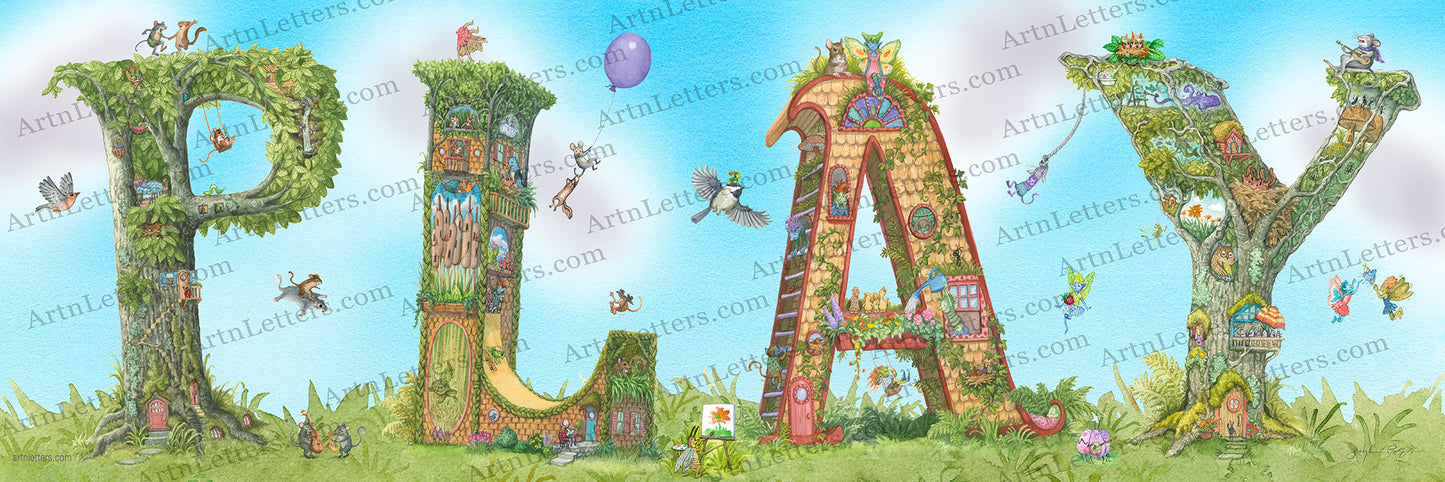 Highly detailed, colorful illustration of the capital letters PLAY, in a 30x10 print, on a green grassy base, blue sky background, with white fluffy clouds, with animals dancing, playing music, fairies playing catch with a bug, a chipmunk flying on a squirrel, a guitar playing mouse, a bee painting a picture of a flower.