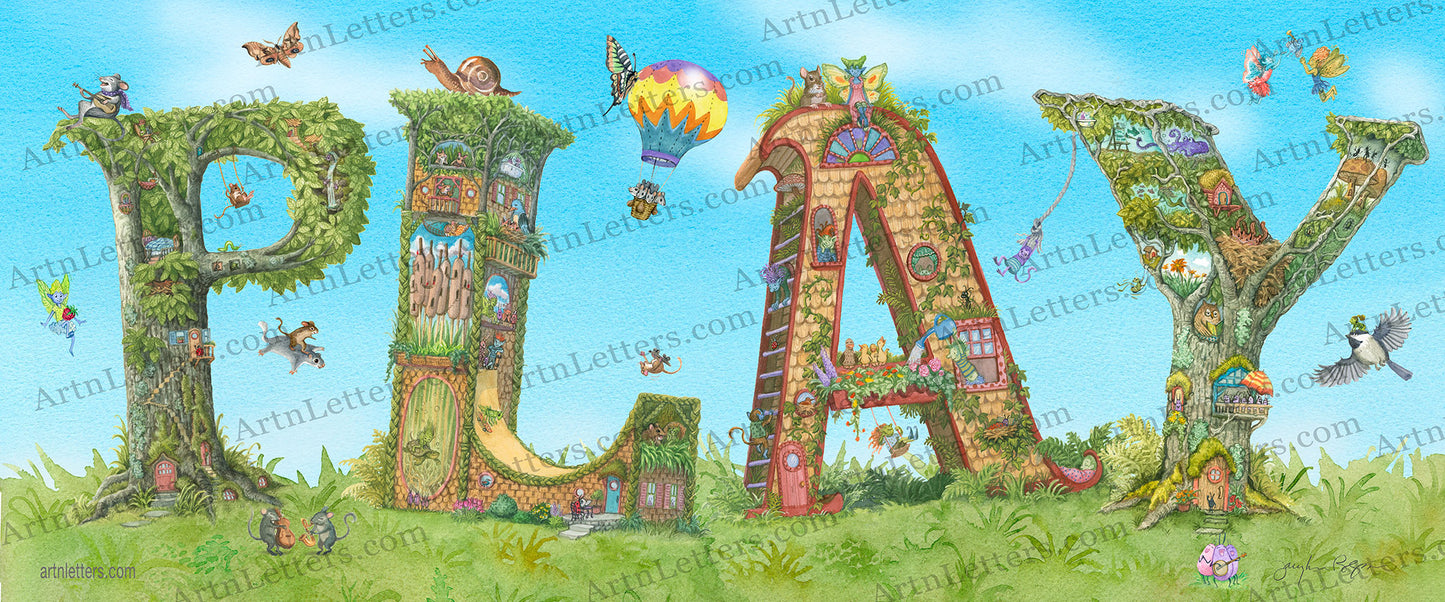 Highly detailed, colorful illustration of the capital letters PLAY, in a 24x10 inch print, on a green grassy base and blue sky background with white fluffy clouds, includes an imaginative world of fairies, animals and imps drawing, painting, skateboarding, playing musical instruments and flying in celebration of fun and adventure