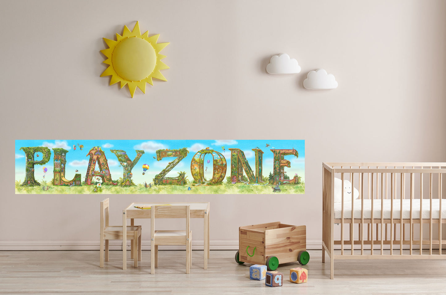 A 64x12 inch print spelling PLAY ZONE in all capital letters. Highly detailed with a world of fun and adventure in each letter, fairies, animals, and imps painting, playing music, singing, and enjoying life to the fullest, fairies playing catch with a bug, on a green grassy base with a sky blue background