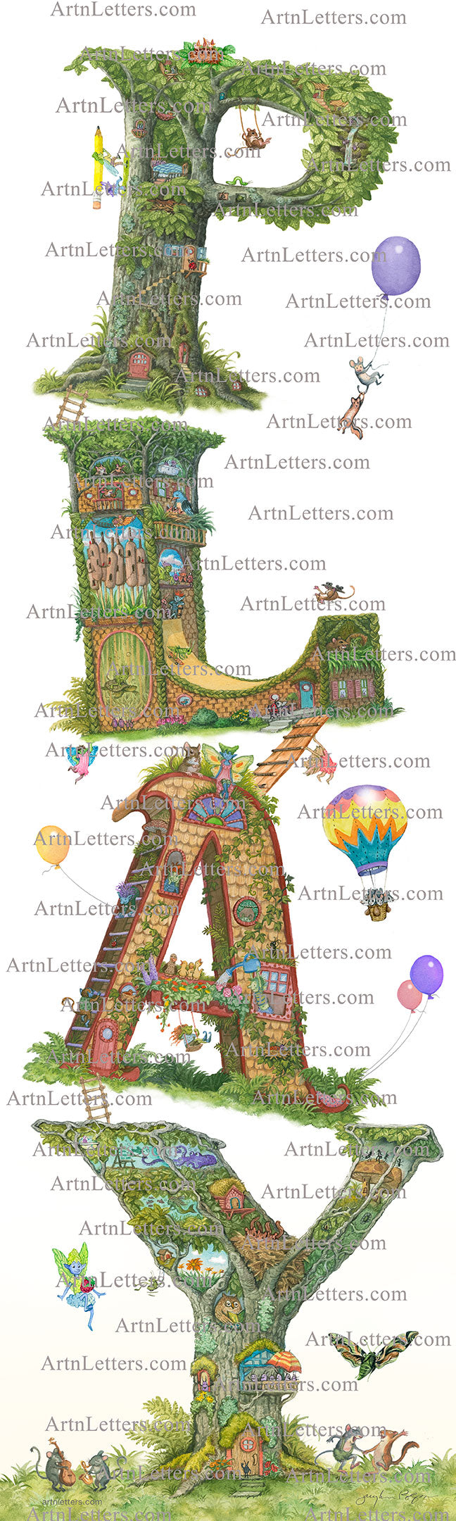 Highly detailed, colorful illustration of the capital letters PLAY in a vertical orientation, on a 9x30 inch print, on a grassy base with a white background, a fairy juggling a raspberry like a soccer ball, chipmunks dancing to a mice duet on saxophone and base, mice in a hot air balloon, a colorful moth