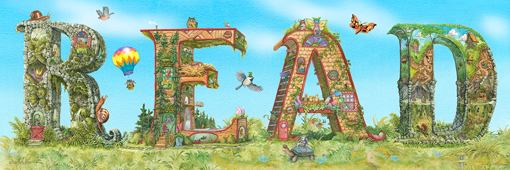 Highly detailed, colorful illustration of the capital letters READ, in a 30x10 print, on a grassy base and blue sky background with fluffy white clouds, mice riding in a hot air balloon, a colorful moth, a guitar playing mouse riding on a turtle, an imp riding on a  flying chickadee