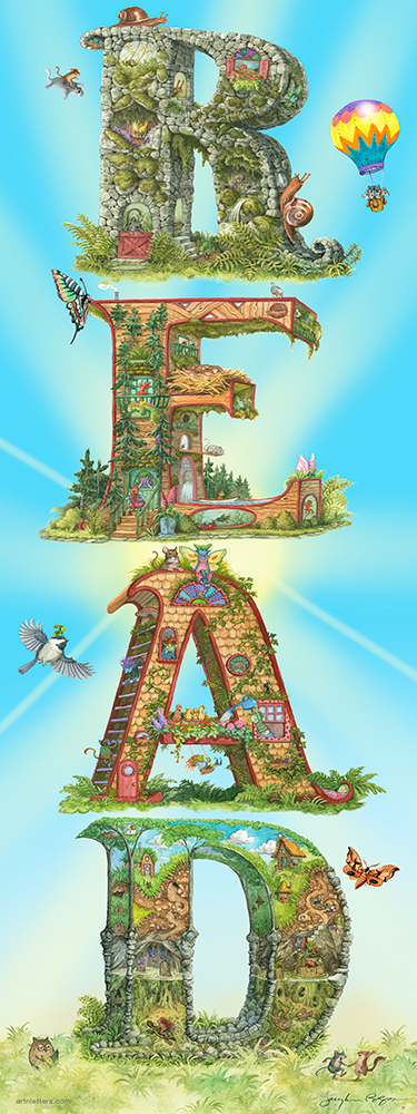 Highly detailed, colorful illustration of the capital letters READ, in a 9x24 inch vertically oriented print, on a grassy base and blue sky with sunburst background, surrounded with dancing squirrels, an imp riding on a chickadee, mice in a hot air balloon, a colorful moth, a chipmunk on a flying squirrel.