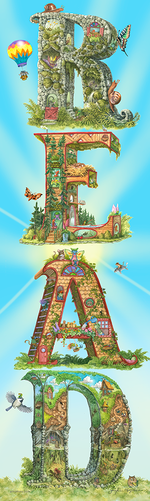 Highly detailed, colorful illustration of the capital letters READ, in a 9x30 inch vertically oriented print, on a green grassy base and blue sky with sunburst background, an imp riding on a chickadee, a chipmunk on a flying squirrel, mice in a hot air balloon.