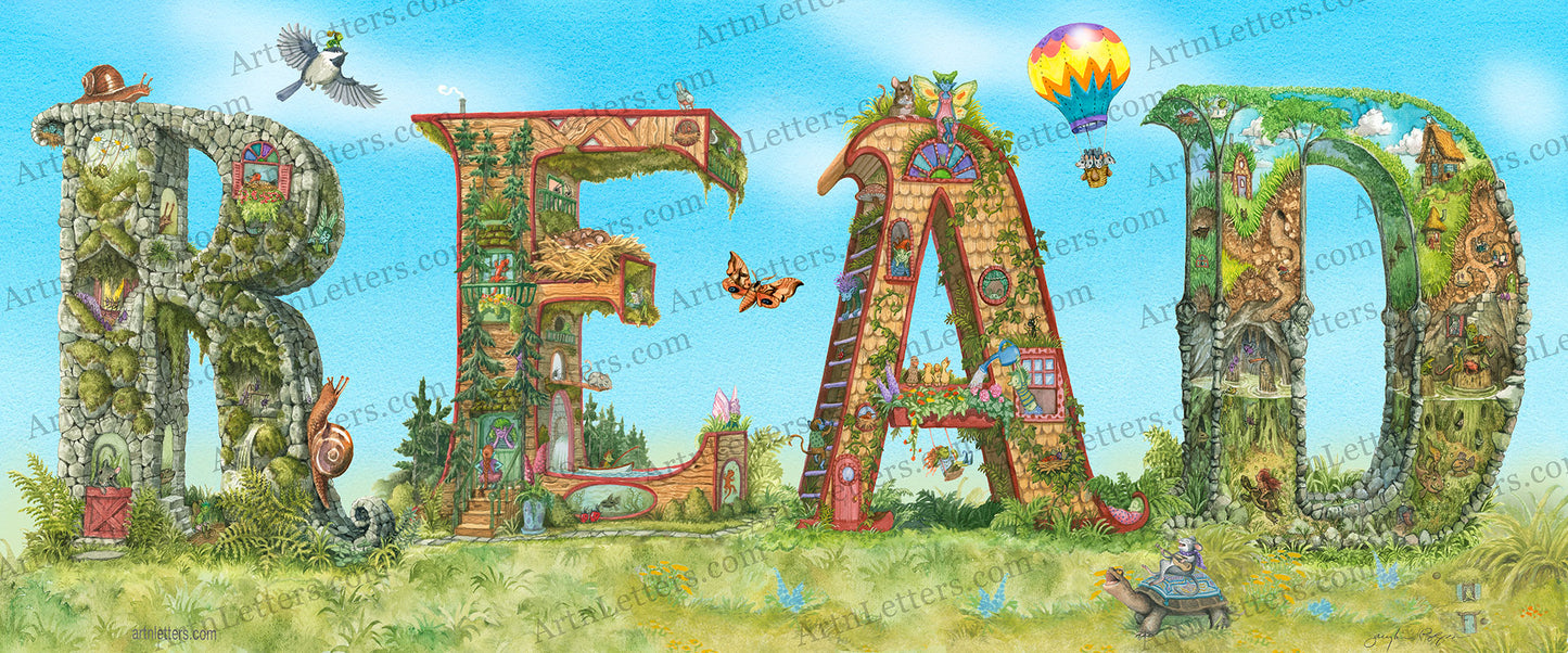 Highly detailed, colorful illustration of the capital letters READ, in a 24x10 print, on a green grassy base and blue sky background with fluffy white clouds, mice riding in a hot air balloon, a colorful moth, a guitar playing mouse riding on a turtle, an imp riding on a chickadee