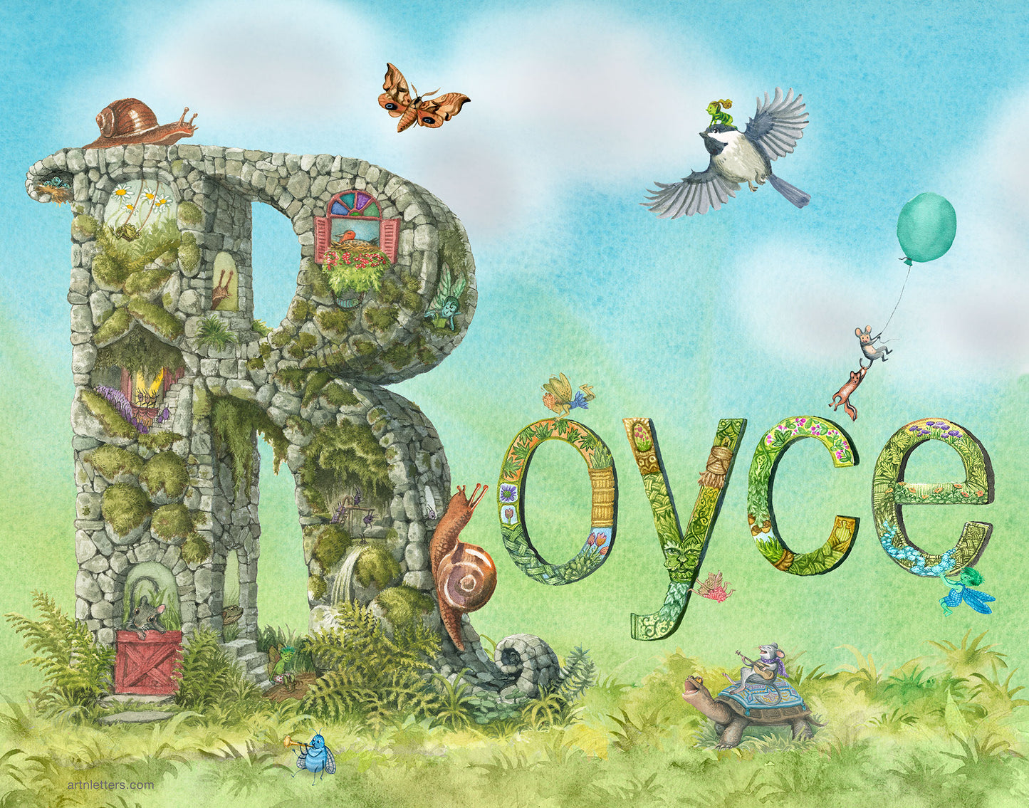 A 14x11 inch print of the name Royce, with a highly detailed capital R, inhabited by animals, bugs and imps, singing, swinging and napping. Lower case letters, each unique, with detailed floral patterns, some held aloft by fairies. A mouse playing guitar rides a turtle & more, on a green grassy base and a beautifully painted blue sky background, with fluffy white clouds.