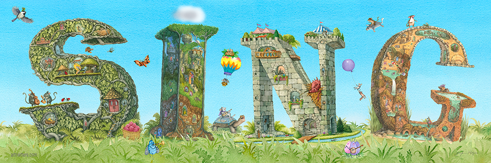 Highly detailed, colorful illustration of the capital letters SING, the I dotted with a cloud, in a 30x10 inch print, on a green grassy base and blue sky background, an imp riding on a chickadee, a chipmunk on a flying squirrel, mice in a hot air balloon, a guitar playing mouse on a turtle and banjo playing bugs.