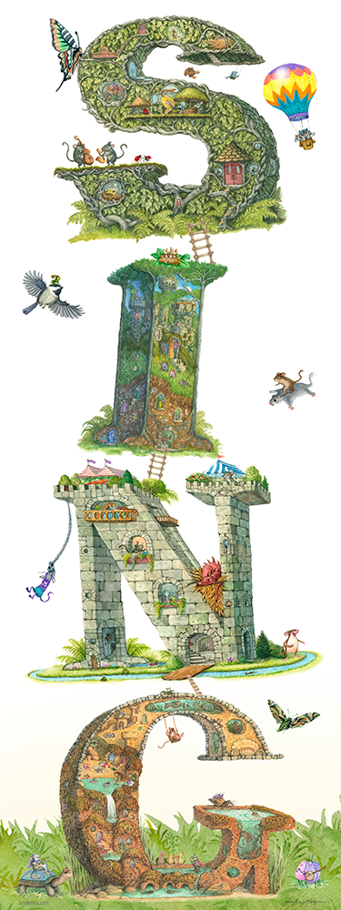 Highly detailed, colorful illustration of the capital letters SING, in a 9x24 inch vertically oriented print, on a grassy base with a white background, an imp swinging off the N, a chipmunk on a flying squirrel, mice in a hot air balloon, an imp riding on a chickadee, banjo playing bugs, a guitar playing mouse riding on a turtle.