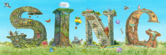 Animated letters spelling 'SING' with various characters and elements on a blue sky background