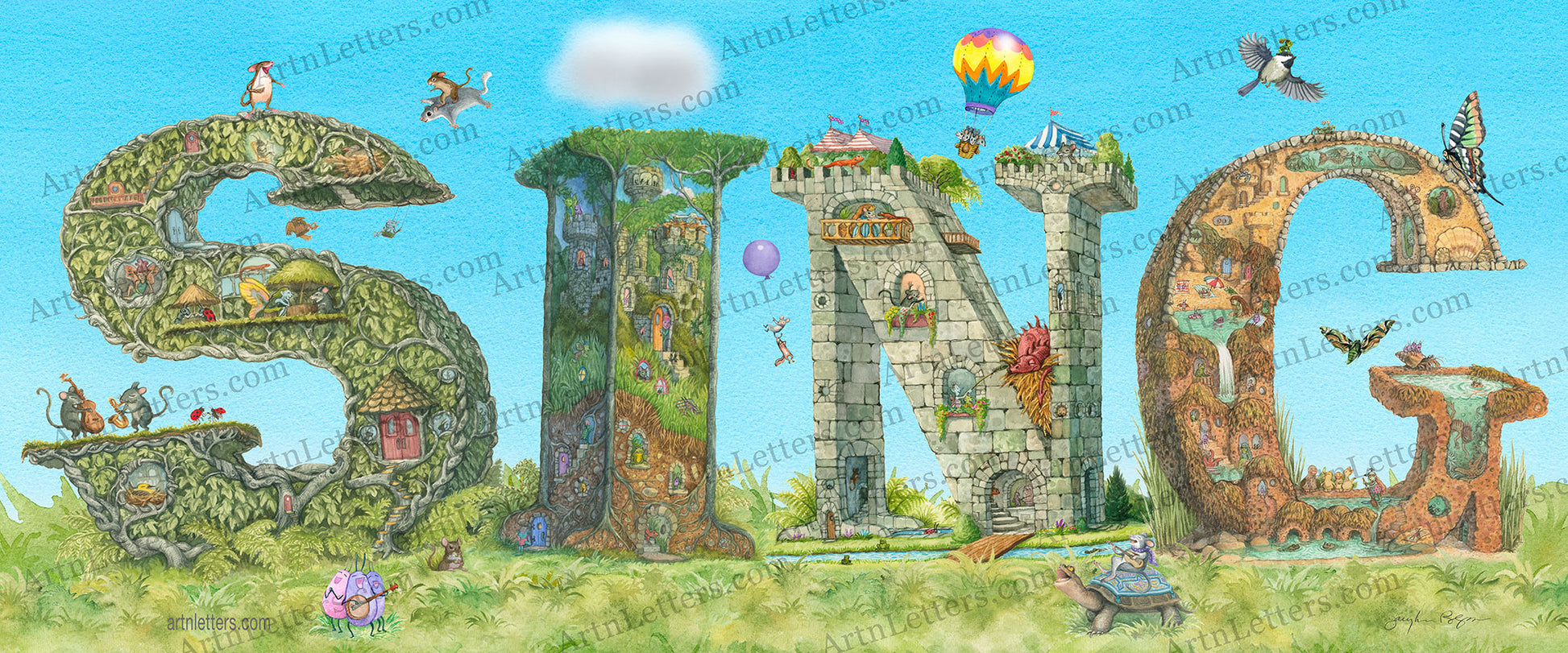 Highly detailed, colorful illustration of the capital letters SING, the I dotted with a cloud, in a 24x10 inch print, on a green grassy base and blue sky background, critters aloft on a purple balloon, an imp riding on a chickadee, a chipmunk on a flying squirrel, mice in a hot air balloon, banjo playing bugs, a guitar playing mouse on a turtle.