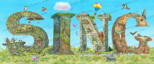 Highly detailed, colorful illustration of the capital letters SING, the I dotted with a cloud, in a 24x10 inch print, on a green grassy base and blue sky background, critters aloft on a purple balloon, an imp riding on a chickadee, a chipmunk on a flying squirrel, mice in a hot air balloon, banjo playing bugs, a guitar playing mouse on a turtle.