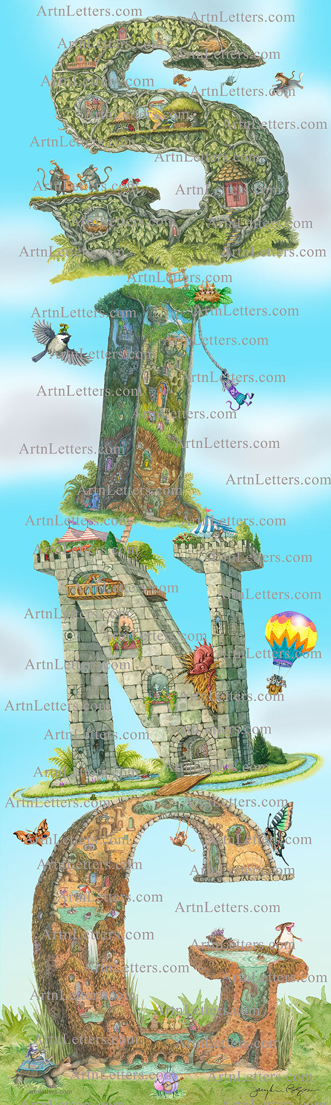 Highly detailed, colorful illustration of the capital letters SING, in a 9x30 inch vertically oriented print, on a green grassy base with a blue sky background with white fluffy clouds, an imp swinging off the I, chipmunk on a flying squirrel, mice in a hot air balloon, an imp riding on a chickadee