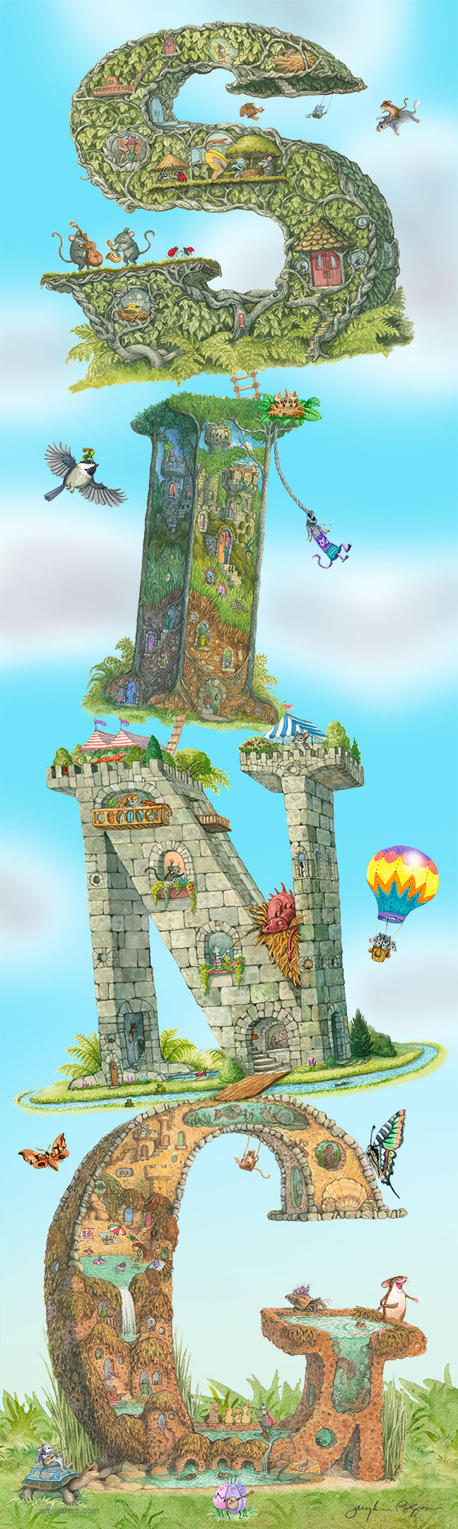 Highly detailed, colorful illustration of the capital letters SING, in a 9x30 inch vertically oriented print, on a green grassy base with a blue sky background with white fluffy clouds, an imp swinging off the I, chipmunk on a flying squirrel, mice in a hot air balloon, an imp riding on a chickadee