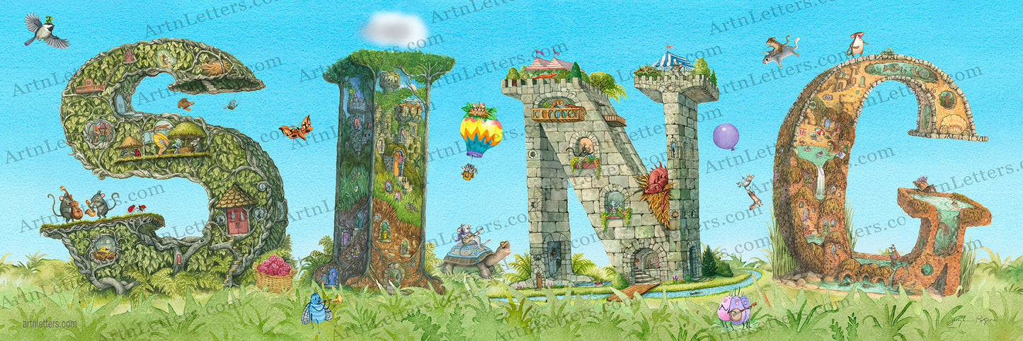 Highly detailed, colorful illustration of the capital letters SING, the I dotted with a cloud, in a 30x10 inch print, on a green grassy base and blue sky background, an imp riding on a chickadee, a chipmunk on a flying squirrel, mice in a hot air balloon, a guitar playing mouse on a turtle and banjo playing bugs.