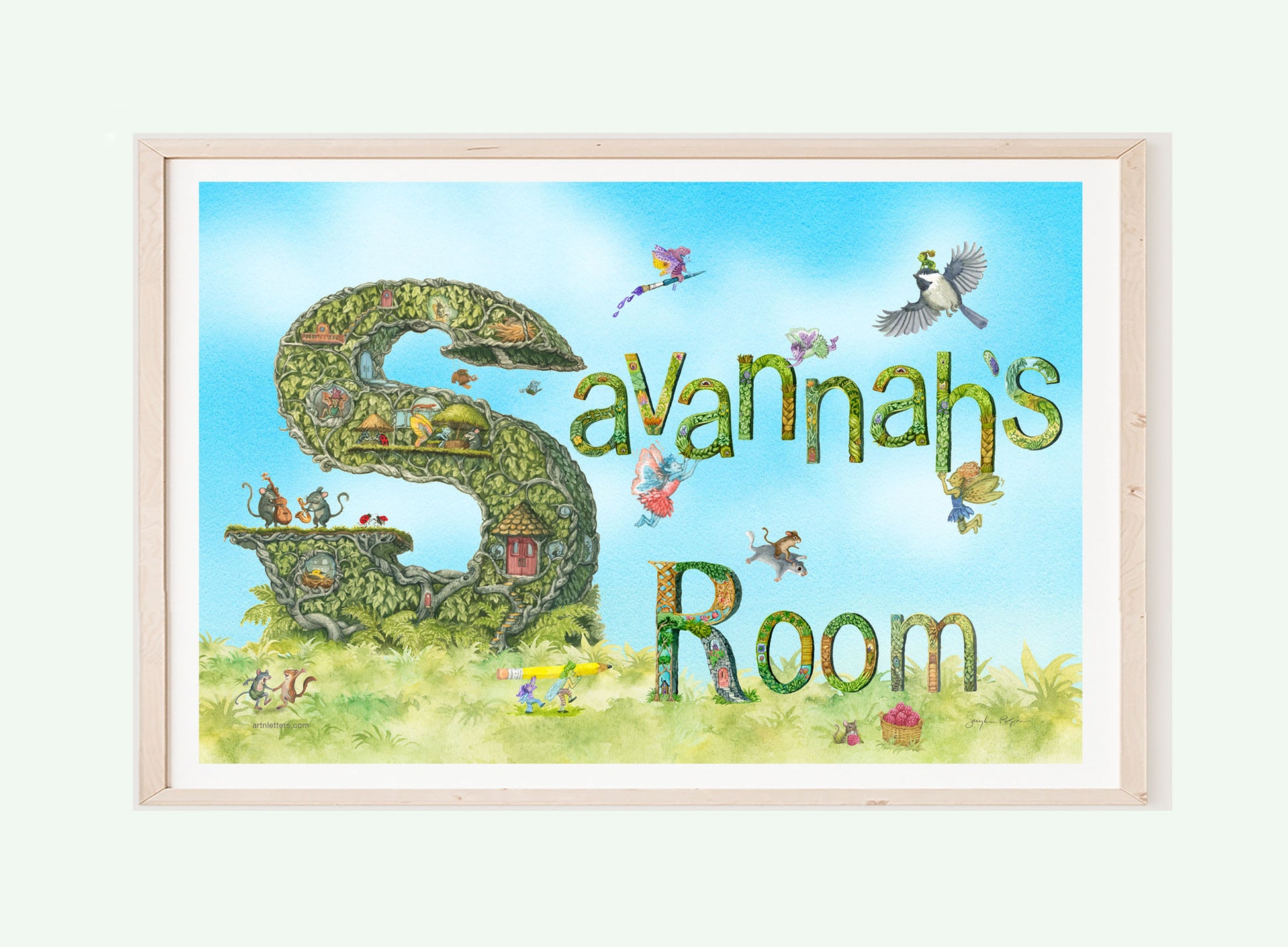 A 22x14 inch giclée print of "Savannah's Room" hand-painted highly detailed capital S, inhabited with whimsical creatures going about their lives, mice playing musical instruments, colorful detailed lower case letters held up by fairies, creatures dancing and flying, on a green grassy base and a beautifully painted blue sky background, with fluffy white clouds.