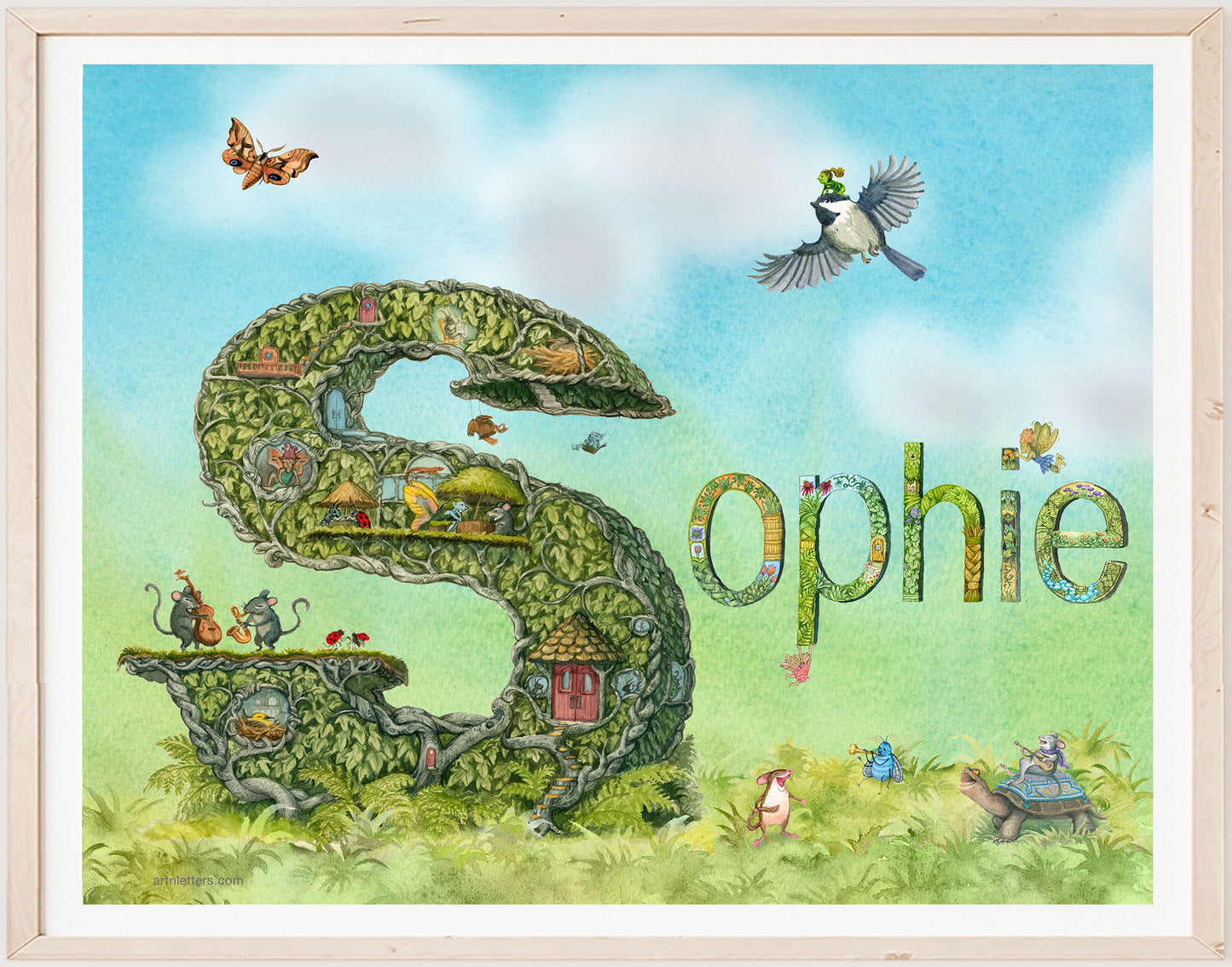 An 11x14 inch giclee print of the name Sophie, with animals playing music, an imp riding on a flying chickadee, on a green grass base with blue sky background.