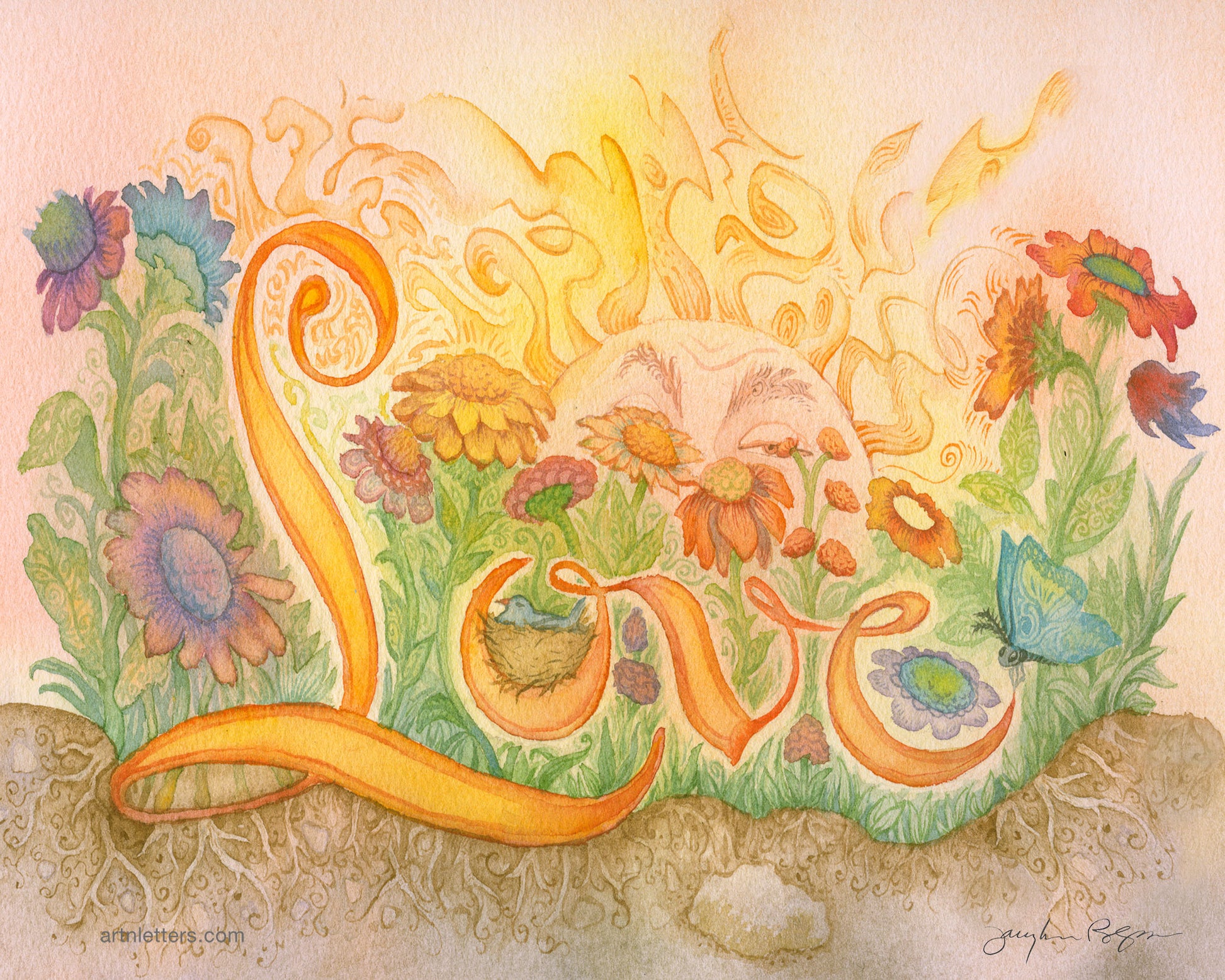 The word "Love” is centered in a field of multi colored detailed flowers, a bird’s nest nestled in the letter o, and a newly awakened rising sun.