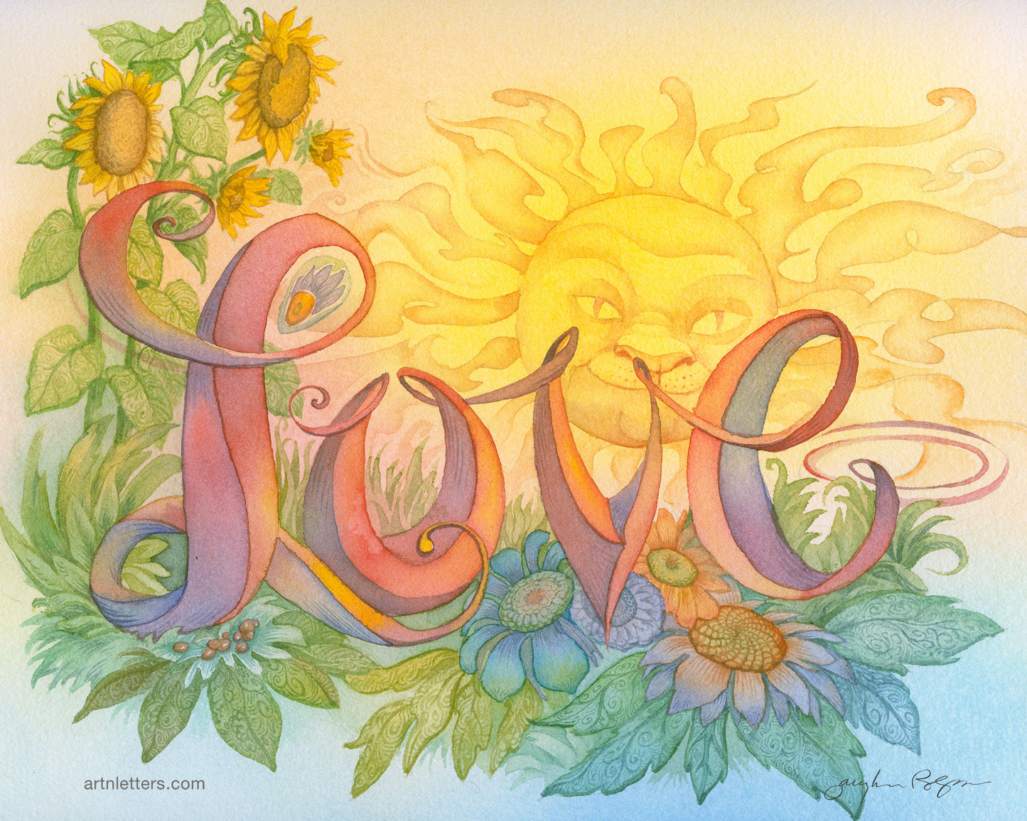 The word “Love” in a detailed watercolor painting with colorful script, is surrounded by a fantasy of flowers and a whimsical cat-like sun. 