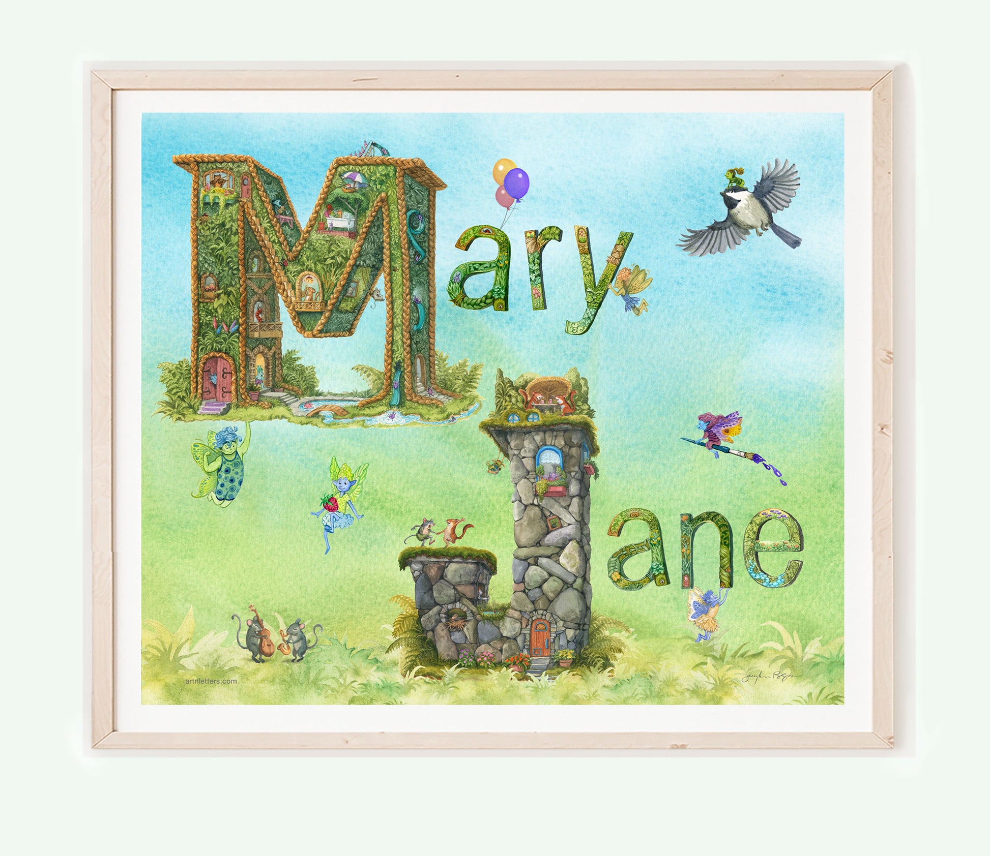 A 20x16 inch print of the name Mary Jane, with a highly detailed capital M and J, followed by lower case letters, each unique, with detailed floral patterns, some held aloft by fairies, an imp rides on a flying chickadee, a fairy juggling a raspberry like a soccer ball, a mice duet on saxophone and base, on a green grassy base, with a blue-green sky background with fluffy white clouds