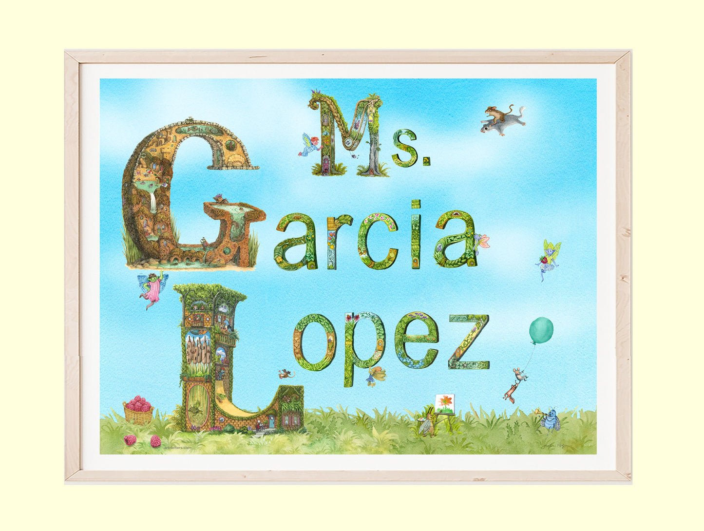 26x20 inch colorful print of two word adult name for teachers, illustrated letters in a whimsical style