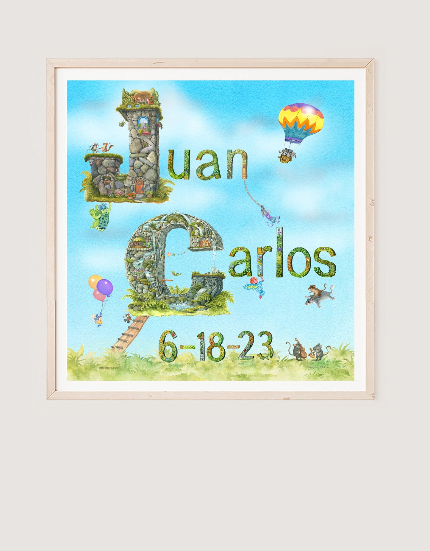 A 20x22 inch print of the name Juan Carlos, with highly detailed capital J and C, followed by lower case letters, each unique, with detailed floral patterns, some held aloft by fairies. The date of birth, 6-18-23 is beneath, next to mice playing musical instruments, fairies aloft with balloons, and swinging from a rope, a mouse riding on a flying squirrel, on a green grassy base, with a blue-green sky background with fluffy white clouds