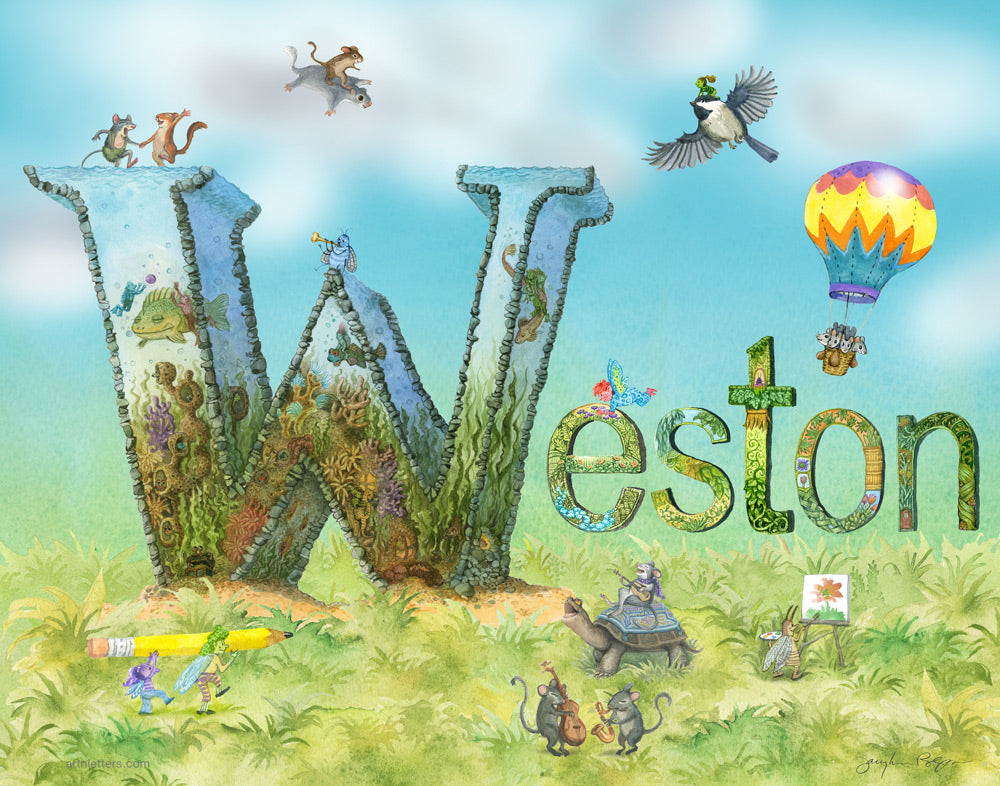 Illustrated name 'Weston' with decorative elements and animals on a colorful background