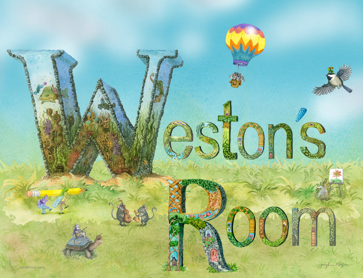 Illustrative text 'Weston's Room' with colorful letters and whimsical elements on a blue sky background.