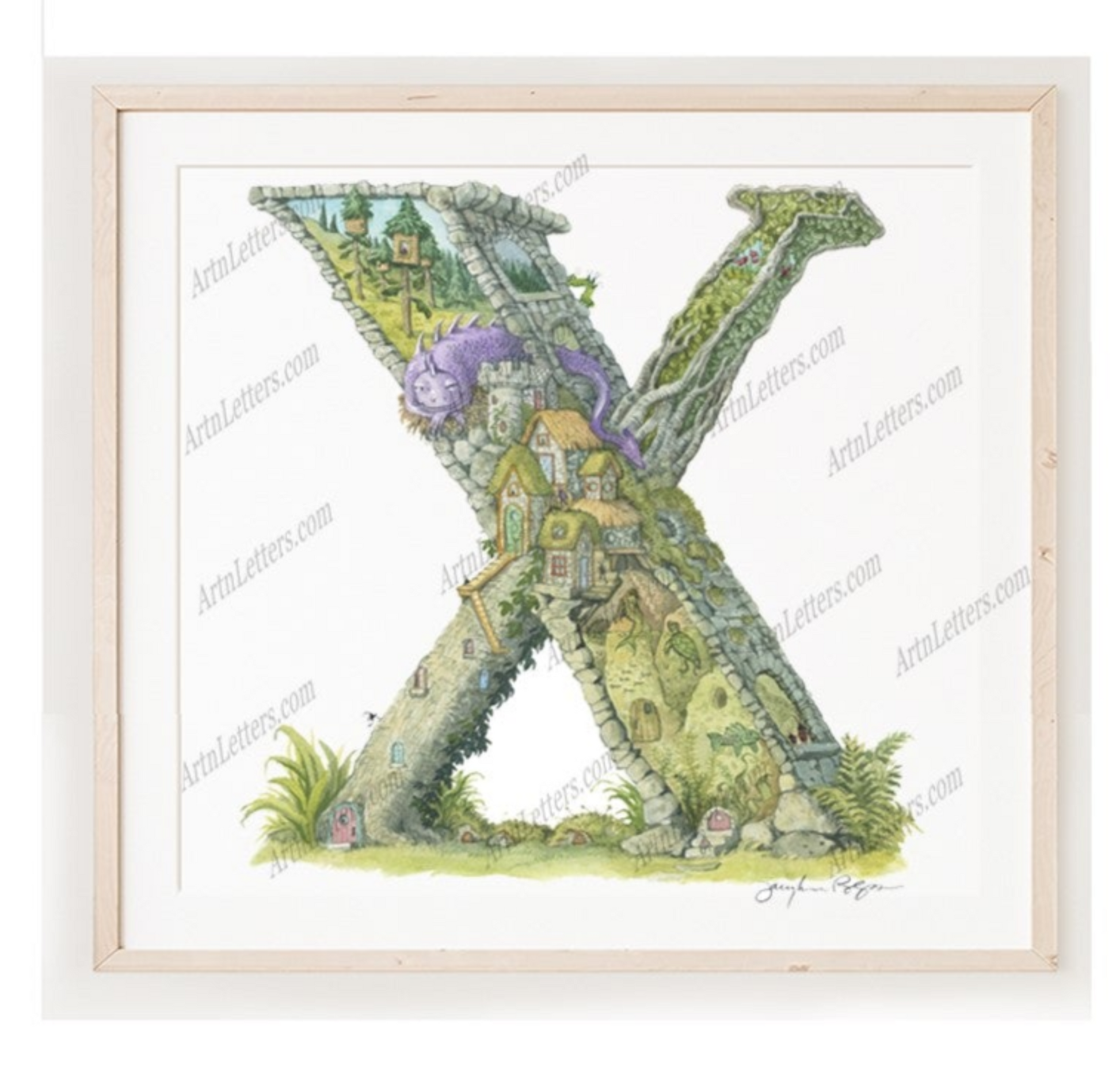 Image of highly detailed illustrated capital X, on white background, framed in light wood frame